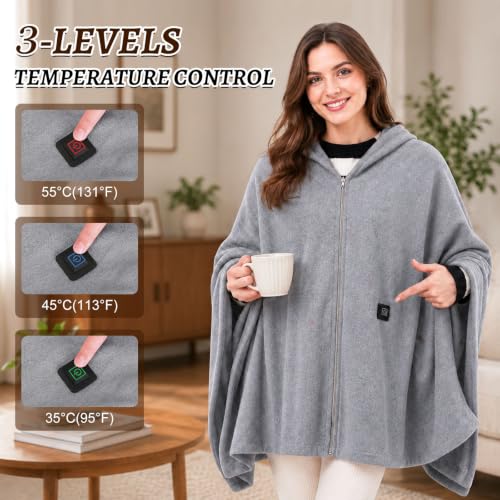 Grey USB Heated Shawl Wrap - Portable Wearable Blanket for Women, 71x24 Inches