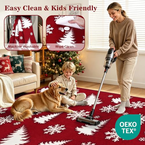 Red Snowflake Christmas Rug 3x5 Washable Non-Slip Holiday Carpet for Bedroom