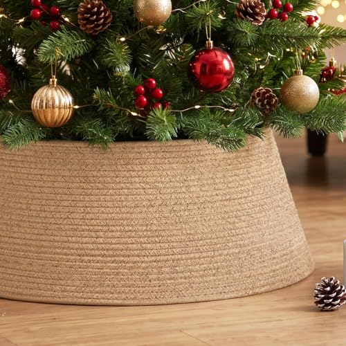 Brown Adjustable Woven Cotton Rope Christmas Tree Collar - Rustic Wicker Skirt for Artificial Trees
