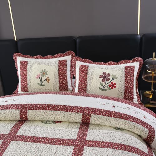 Red Floral Embroidered Cotton Quilt Set with Pillow Shams - Queen