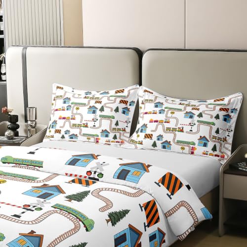 Children's Car Race Track Duvet Cover Set - Twin Cotton Bed Bedding with Cartoon Cars - Blue & Red Brown Orange Variation