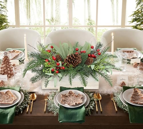 Christmas Centerpieces for Table - Artificial Norfolk Pine with Red Seeds & Eucalyptus in White Wooden Pot - White Variation