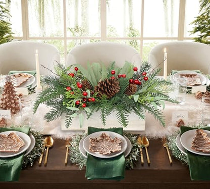 Christmas Centerpieces for Table - Artificial Norfolk Pine with Red Seeds & Eucalyptus in White Wooden Pot - White Variation