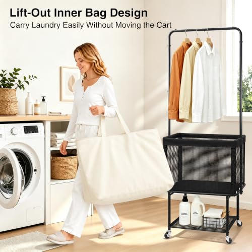 Rolling Laundry Cart with Hanging Bar, 100L Hamper & Storage Shelf