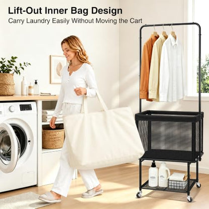 Rolling Laundry Cart with Hanging Bar, 100L Hamper & Storage Shelf