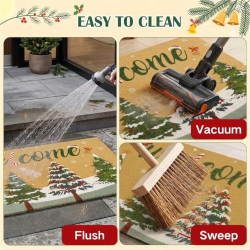 Christmas Welcome Mat 16x30 Inch Non-Slip Faux Coir Front Door Rug with Christmas Tree Pattern