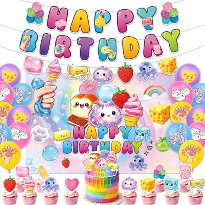 Squishy Birthday Party Decorations Set with Backdrop, Banners, Balloons, Cake & Cupcake Toppers – 33 Pieces