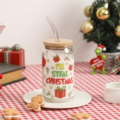 Christmas 16oz Glass Can Mug with Lid & Straw - Holiday Coffee Cup