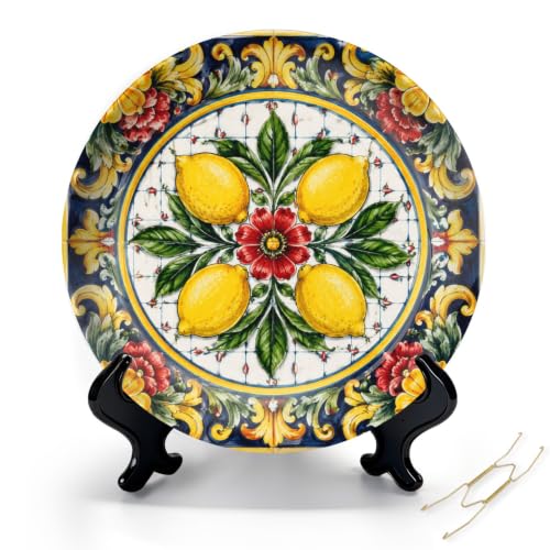 8-Inch Decorative Ceramic Plate Mediterranean Tile with Display Stand & Wall Hook - Color7