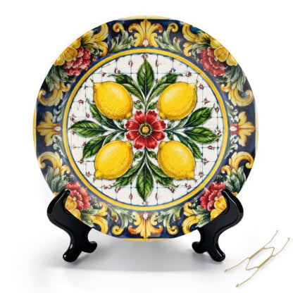 8-Inch Decorative Ceramic Plate Mediterranean Tile with Display Stand & Wall Hook - Color7