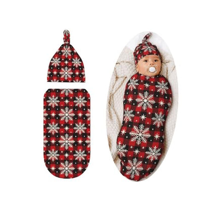 Christmas Buffalo Check Swaddle Blanket and Hat Set for Babies - One Size