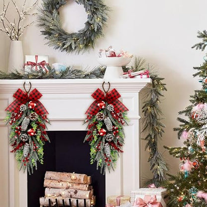 Christmas Teardrop Swag Decorations - Red Checked Bow, Pinecones & Bells, 28 Inch - Green Variation