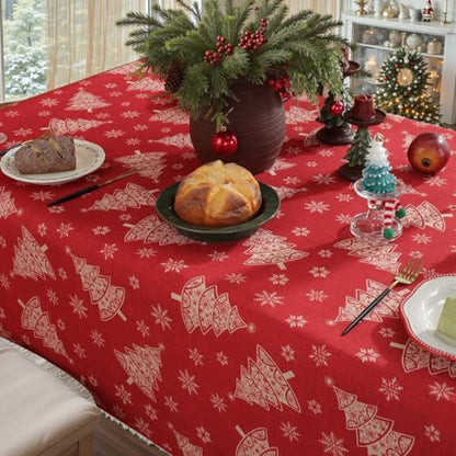 Christmas Tree Snowflake Tablecloth 60x84 Inch Spill-Proof Red Holiday Decor Variation of Christmas Tree & Snowflake / 84" x 60"