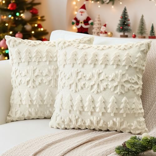Artscope Snowflakes Christmas Pillow Covers 18x18 Set of 2 - Beige Snowflake Tree Variation