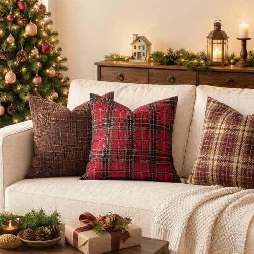 MIULEE Red Tartan Plaid Throw Pillow Covers 20x20 Inch Set of 2 Christmas Home Decor