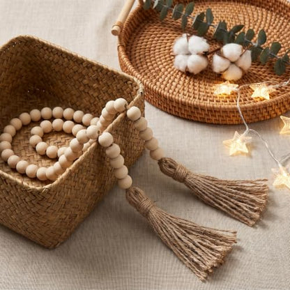 Farmhouse Wood Bead Garland with Tassels - Rustic Home Decor, 35 Inches