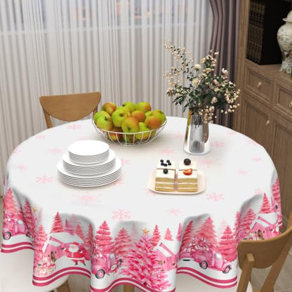 Christmas Forest Pink Round Tablecloth 60 Inch Xmas Trees Holiday Decor