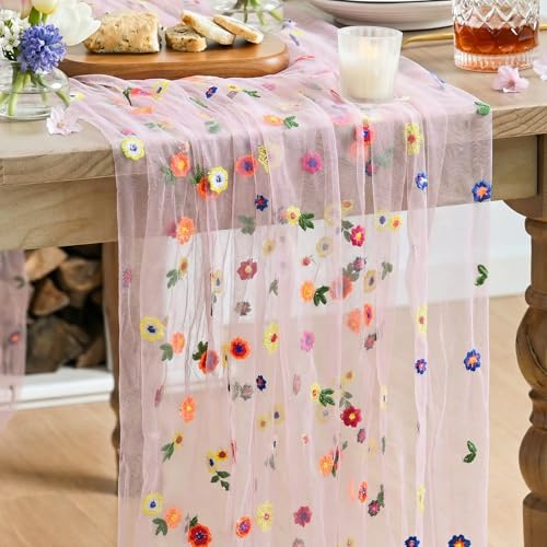 Pink Embroidery Daisy Gauze Table Runner 59x120 Inch - Artoid Mode