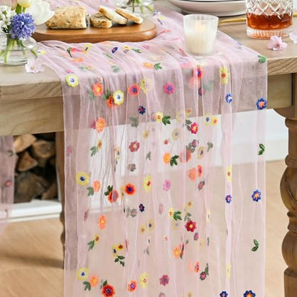 Pink Embroidery Daisy Gauze Table Runner 59x120 Inch - Artoid Mode