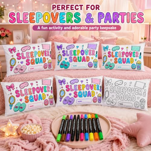 Sleepover Coloring Pillowcase Set with Markers - 6 Pack Kids Party Activity