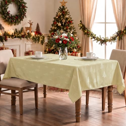 Cream Jacquard Tablecloth 60x84 Inches Rectangle Christmas Trees Snow Beige