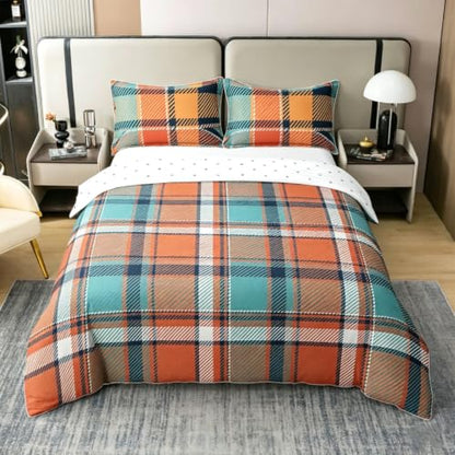 Orange White Autumn Grid Queen Duvet Cover Set Gingham Plaid Geometric