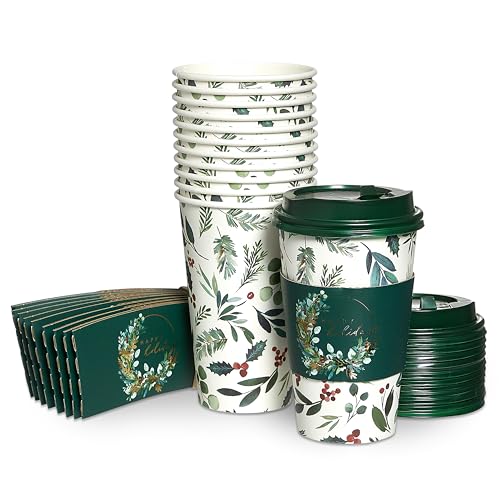 Papyrus Disposable Holiday Foliage Dinner Plates & Cups Set - Elegant Christmas Partyware