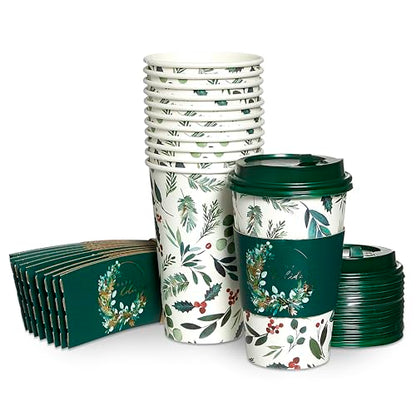 Papyrus Disposable Holiday Foliage Dinner Plates & Cups Set - Elegant Christmas Partyware