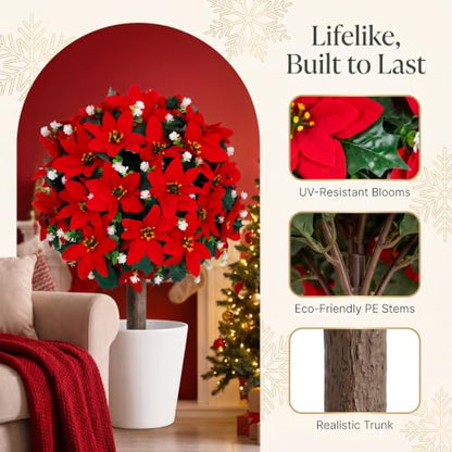 Artificial Poinsettia Christmas Topiary Trees Set - Red, 24.8 Inches with Metal Spikes