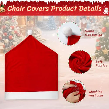 2PCS Christmas Santa Hat Chair Covers with Tableware Holders - Red Holiday Decor