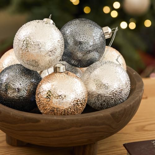 Glass Christmas Ball Ornaments Set of 9 - White, Grey, Gold, Sparkling Textured Decor