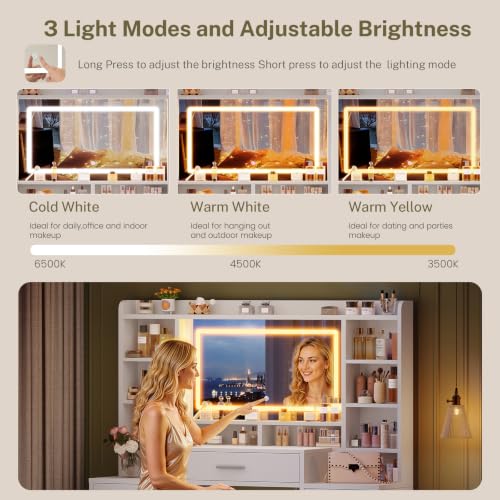Large Vanity Desk with Mirror and 3-Color LED Lights, 7 Drawers & 6 Shelves, USB & Power Outlets, White