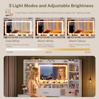 Large Vanity Desk with Mirror and 3-Color LED Lights, 7 Drawers & 6 Shelves, USB & Power Outlets, White
