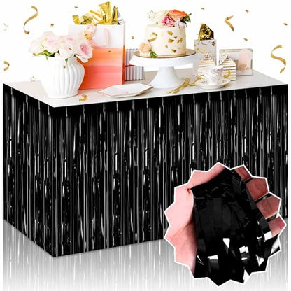Black Foil Fringe Table Skirts 3 Pack - Metallic Tinsel Streamers for Party Decor