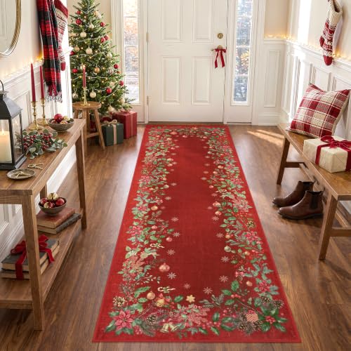 Red Christmas Runner Rug 2.6x8 ft Non-Slip Holiday Indoor Carpet Hallway Entryway