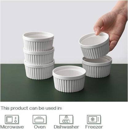 DOWAN 4 Oz Ramekins - Oven Safe Porcelain Bowls for Crème Brûlée & Soufflé | Set of 6, Classic White