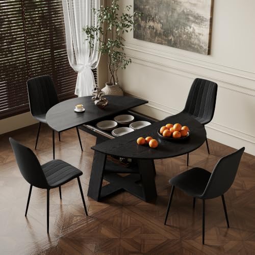 Black Extendable Round Dining Table Set for 4 - 43.3-59 Inch with Upholstered Chairs