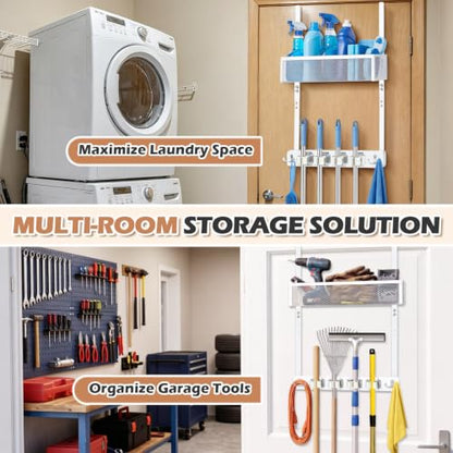 Over the Door Broom and Mop Holder with Adjustable Metal Basket Wall Mount