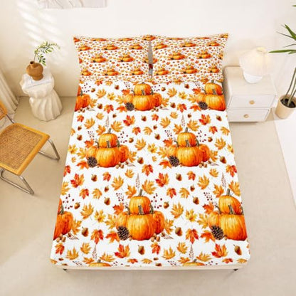 Feelyou Fall Queen Bed Sheet Set for Kids & Adults - Orange White Variation