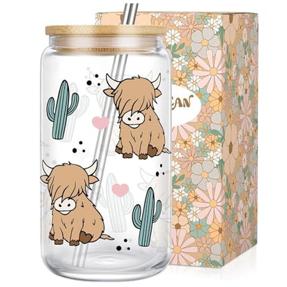 Highland Cow Mug - Rustic Glass Cup with Lid, Straw & Gift Box for Cow Lovers