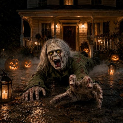 Long Hair Halloween Crawling Zombie Animatronic Light Up Sound Prop