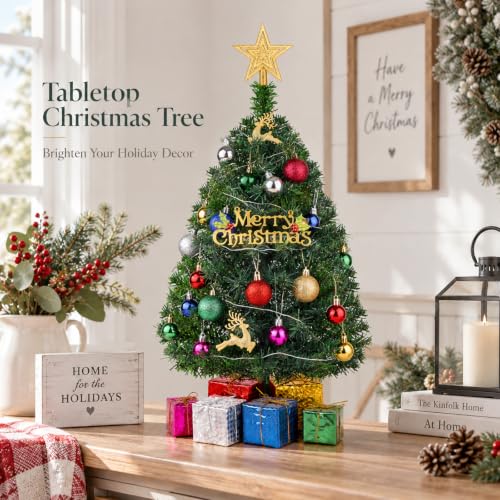 Mini Christmas Tree with Lights - 2 Ft Tabletop Holiday Tree Set of 2, Green