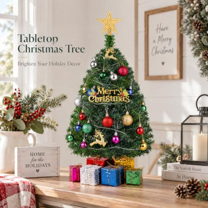Mini Christmas Tree with Lights - 2 Ft Tabletop Holiday Tree Set of 2, Green