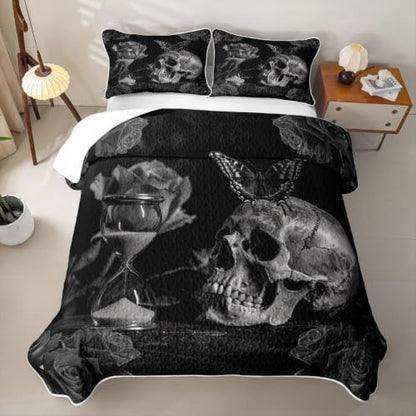 Halloween Gothic Bedspread Set Queen Black Skull Rose Coverlet with Pillowcases
