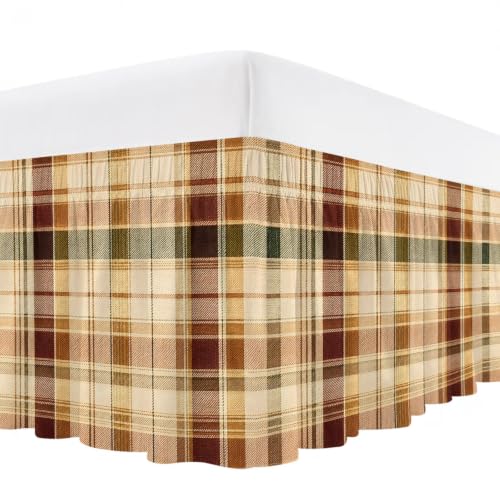 King Size Checkered Bed Skirt with Ruffle Wrap-Around - Brown, Green, Cream Variations