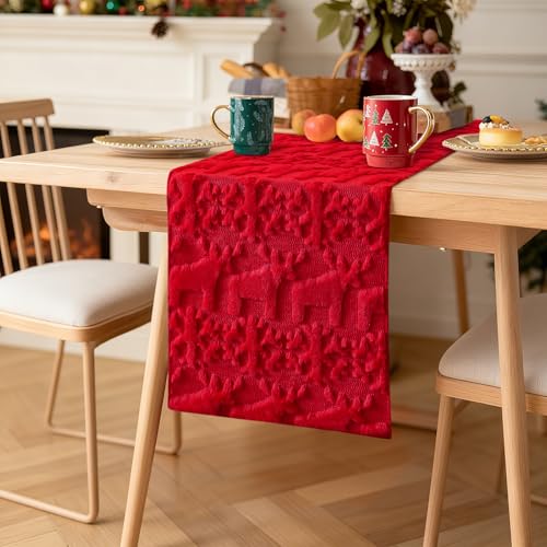 Christmas Snowflake and Elk Plush Faux Fur Jacquard Table Runner 13x90 Inch - Red