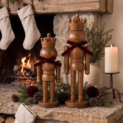Amyhill 2-Piece Wooden Nutcracker Figures Decor - 14 Inch & 10 Inch, Brown, Velvet Bow Variation