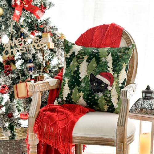 18x18 Inch Christmas Tree Stars Black Cat Throw Pillow Cover Winter Holiday Decor