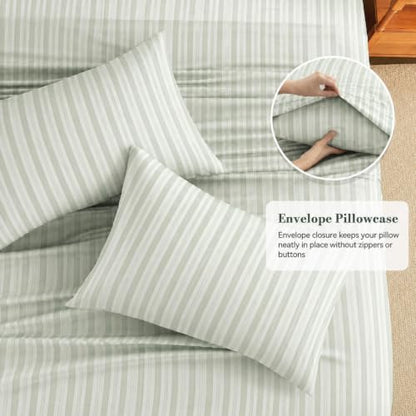 Ivellow Sage Green Striped King Bed Sheets - 4pc Ticking Bedding Set