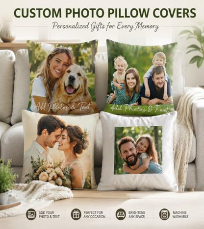 Personalized Pillow Cover with Photo & Text - 16x16 Inch Custom Throw Pillowcase - Pack of 1